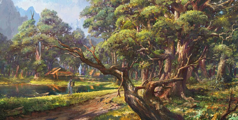 Person Walking in Forest — Green, Serene, Afternoon, Painting