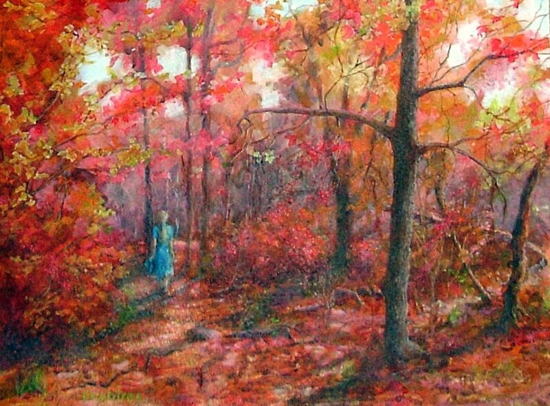 Person Walking in Forest — Red