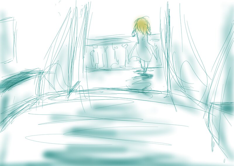 Person Walking in Hallway — Teal