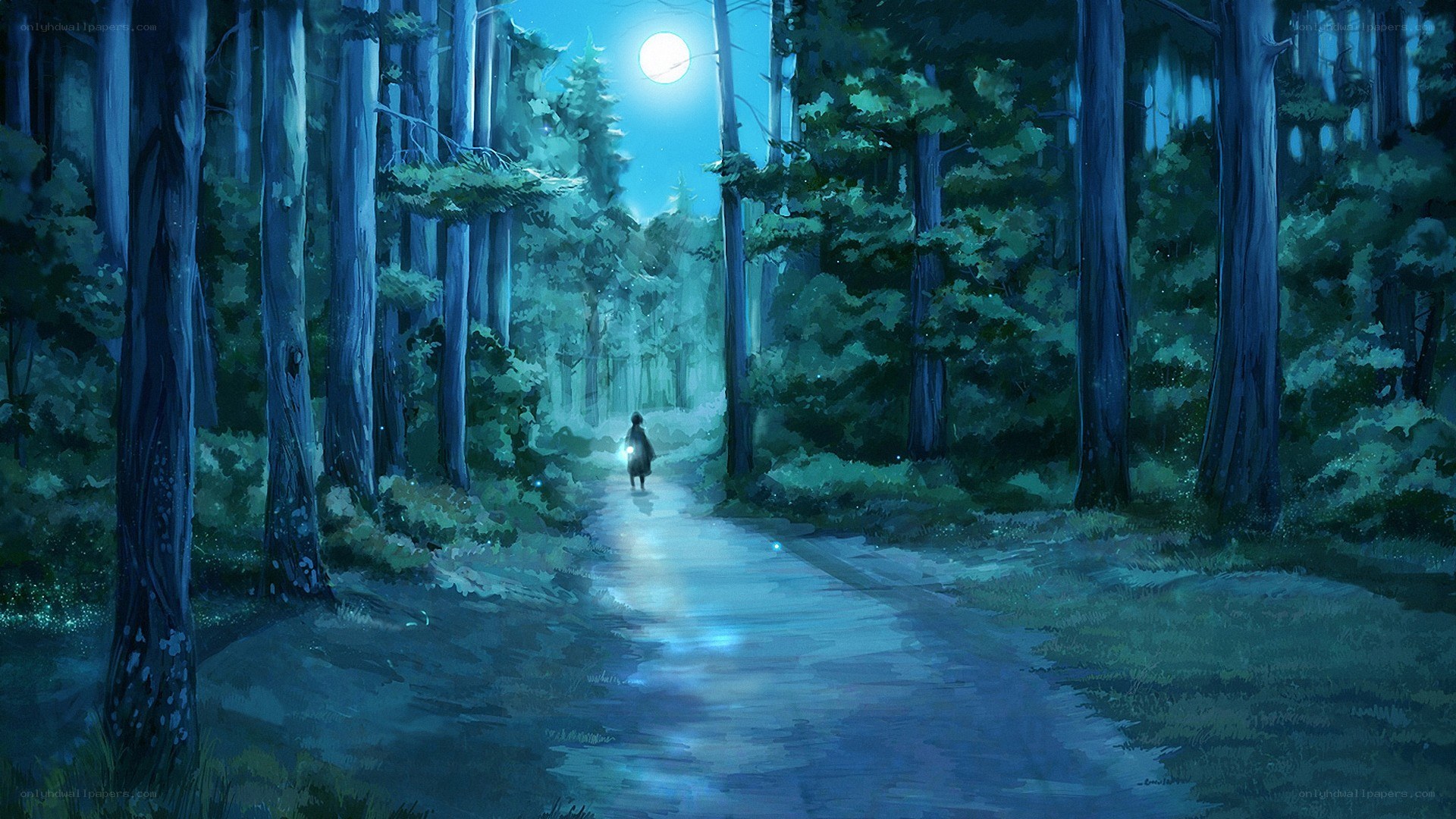 person walking in moonlit forest