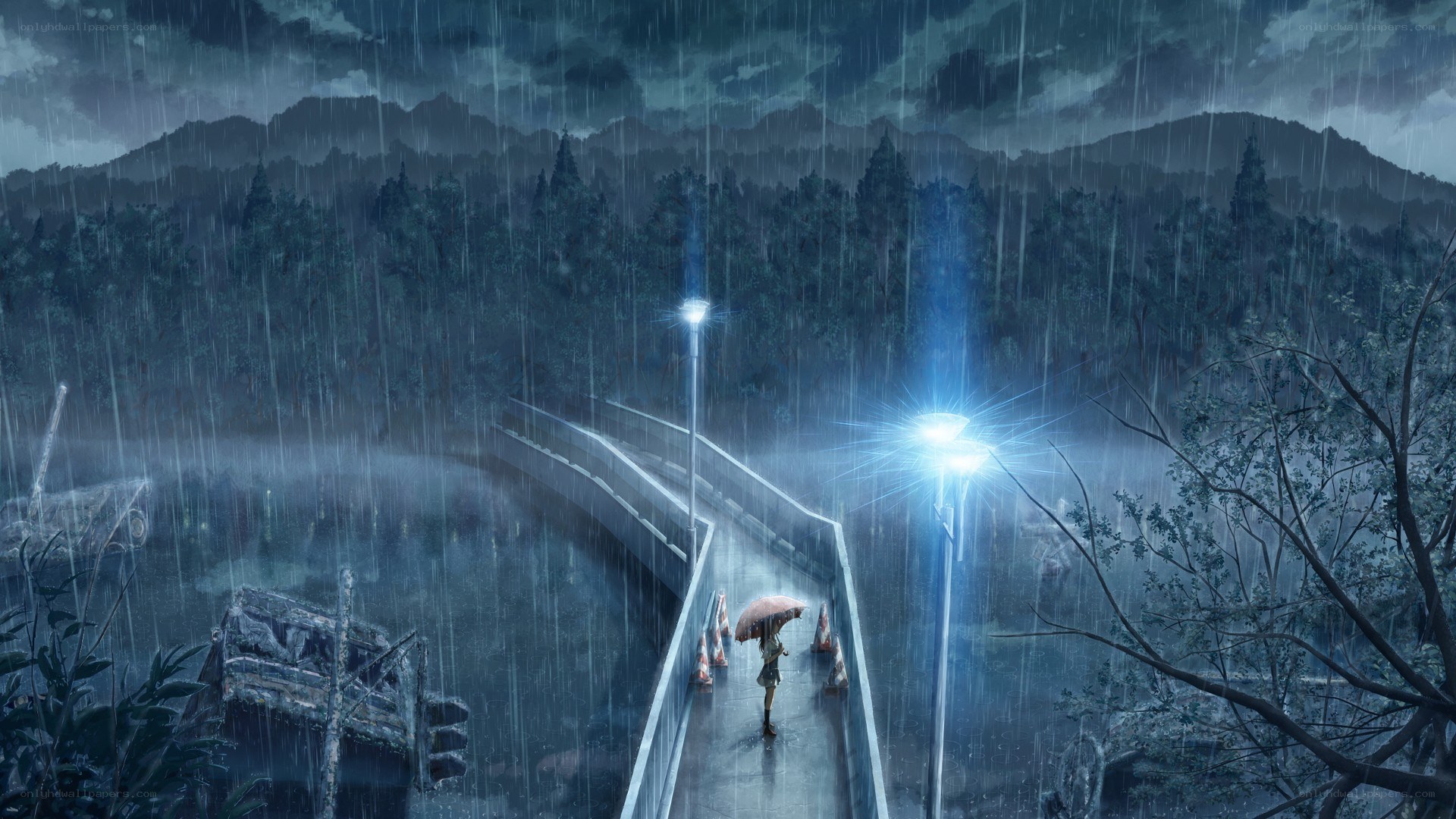 person walking in rain at night