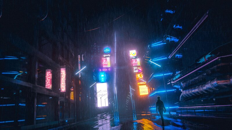 Person Walking in Rain — Blue, Dramatic, Night, Digital Art
