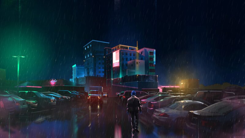 Person Walking in Rain — Blue, Dramatic, Night