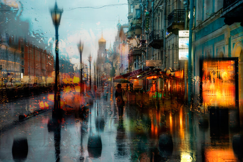 Person Walking in Rain — Blue, Dramatic