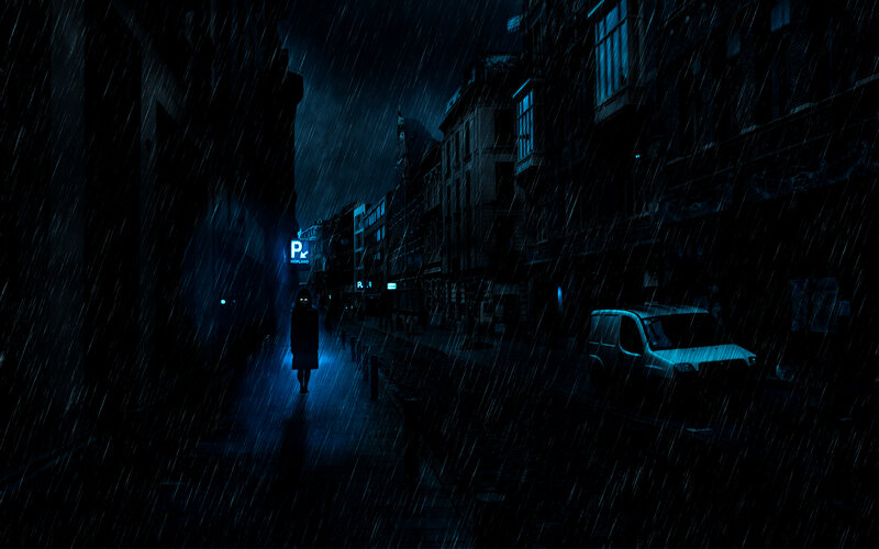 Person Walking in Rain — Blue