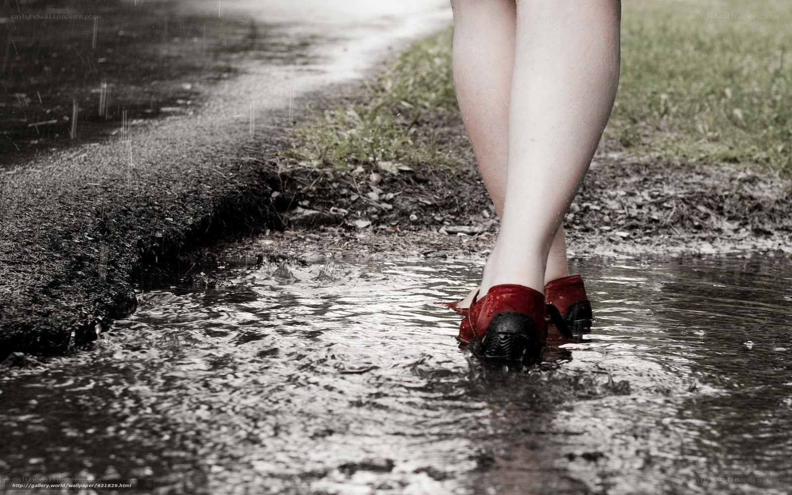 person walking in rain puddle