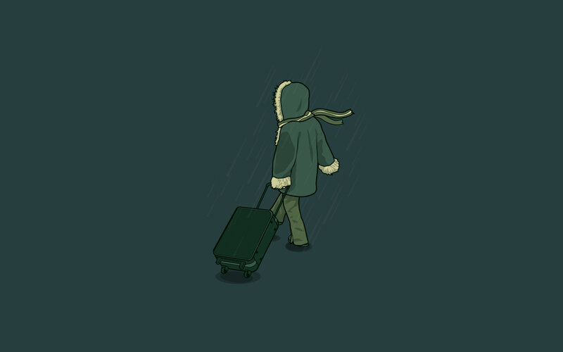 person walking in rain with luggage
