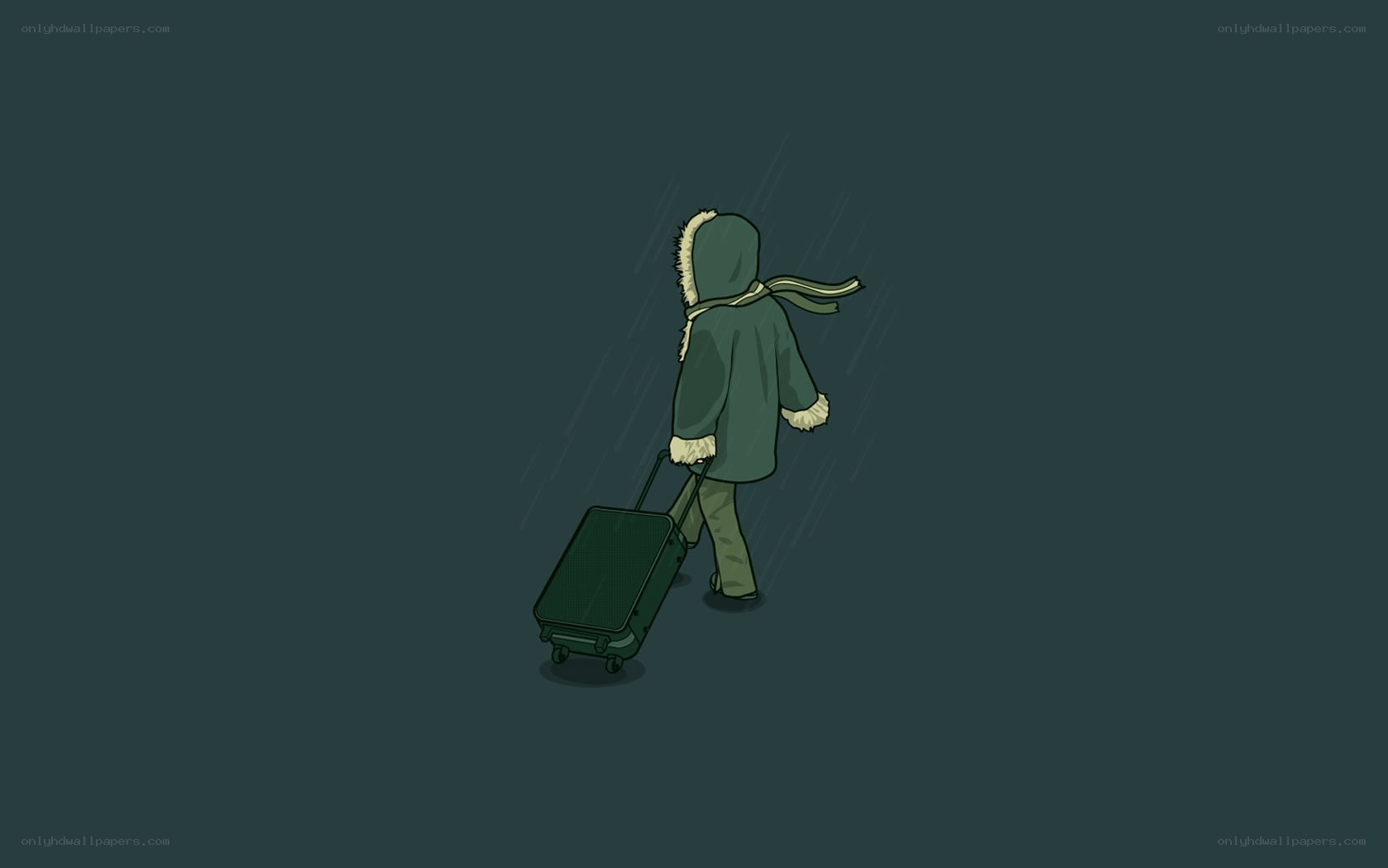 person walking in rain with suitcase