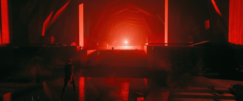 Person Walking in Red Room