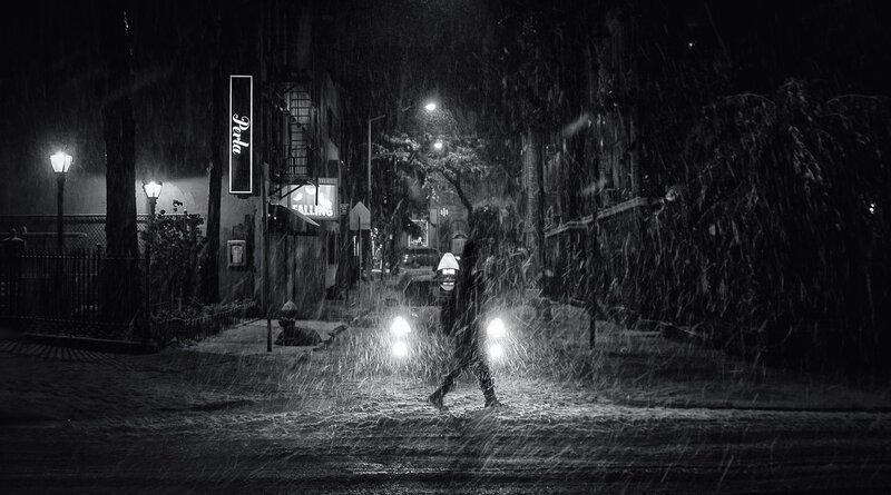 Person Walking in Snow — Black, Dramatic