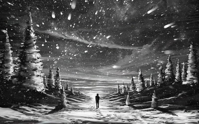 Person Walking in Snow — Black, Dramatic, Winter, Digital Art, Trees, Night Sky