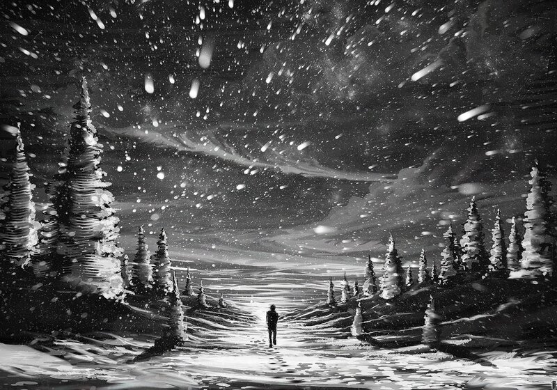 Person Walking in Snow — Black, Dramatic, Winter, Digital Art, Trees