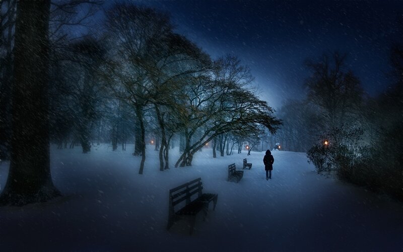 Person Walking in Snow — Blue, Cold, Night