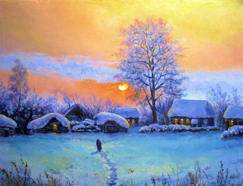 Person Walking in Snow — Blue, Serene, Sunset