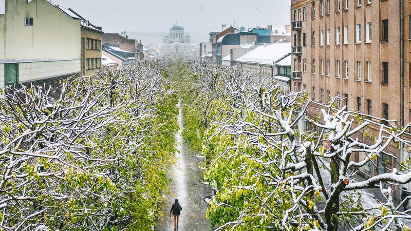 Person Walking in Snow — Green