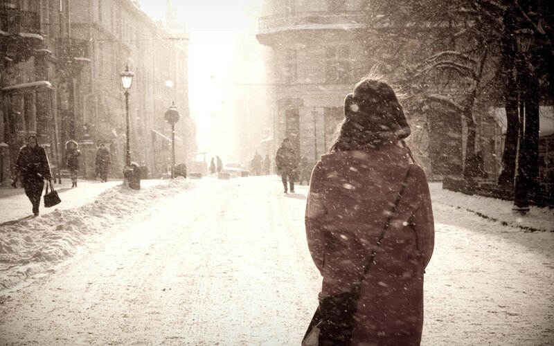 Person Walking in Snow — White, Cold, Winter, Photograph, Street