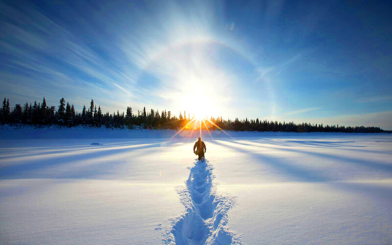 Person Walking in Snow — White, Dramatic, Winter, Photograph, Sun