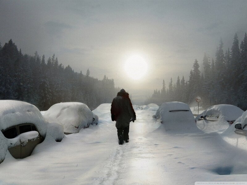 Person Walking in Snow — White, Dreary