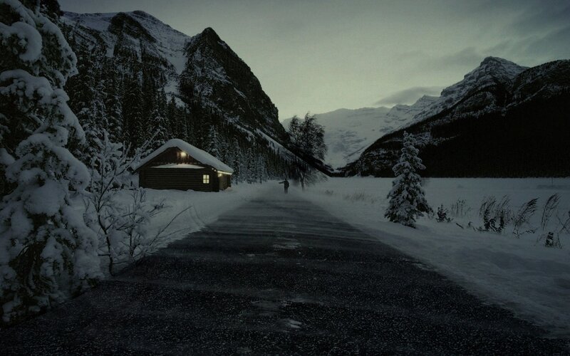 Person Walking in Snow — White, Dreary, Winter, Photograph, Cabin