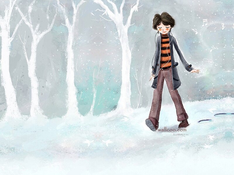 Person Walking in Snow — White, Serene, Winter, Illustration