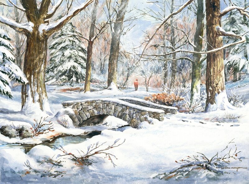 Person Walking in Snow — White, Serene, Winter, Painting, Bridge