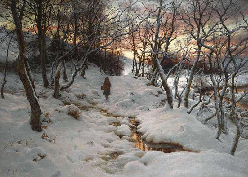 Person Walking in Snow — White, Serene, Winter, Painting, Trees