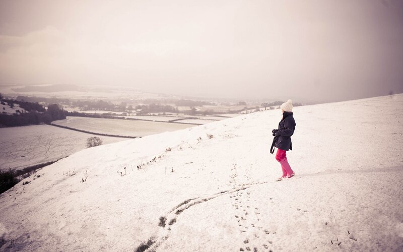 Person Walking in Snow — White, Serene, Winter, Photograph, Hill, Coat