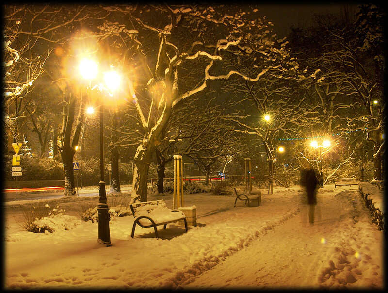 Person Walking in Snow — Yellow, Serene, Night