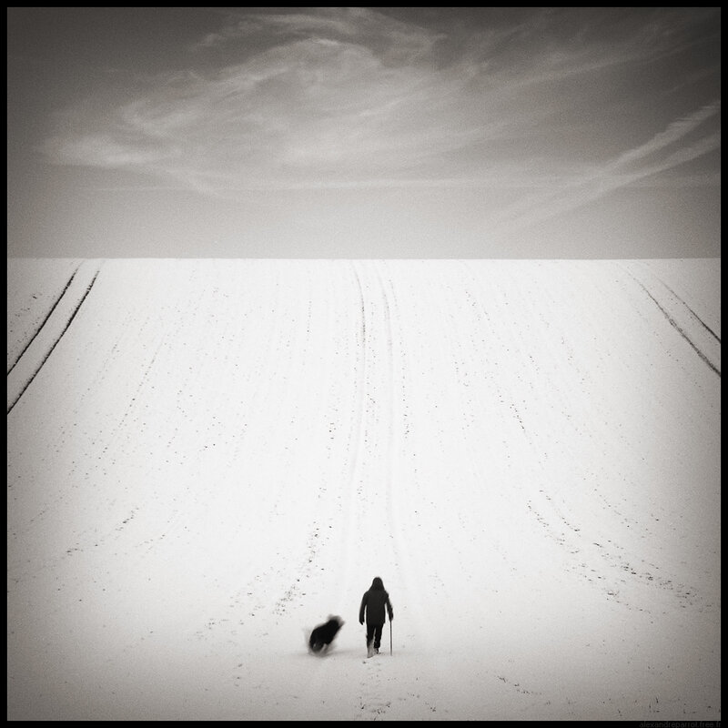 Person walking in snowy field