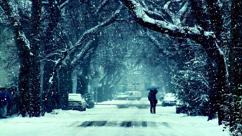 person walking in snowy street