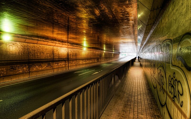 Person Walking in Tunnel — Yellow, Dramatic, Night