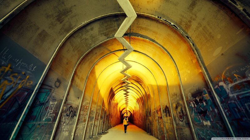 Person Walking in Tunnel — Yellow, Dramatic, Photograph