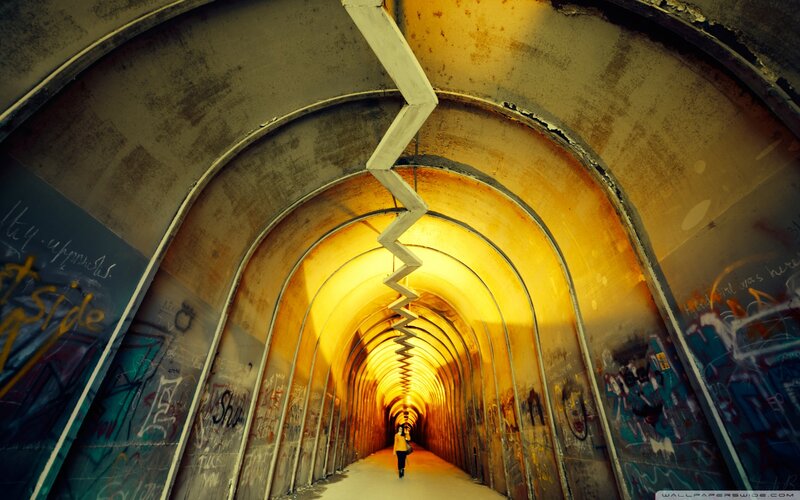 Person Walking in Tunnel — Yellow, Dramatic
