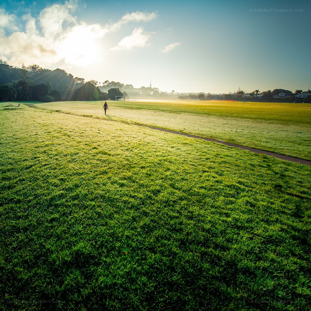 person walking on a grassy field