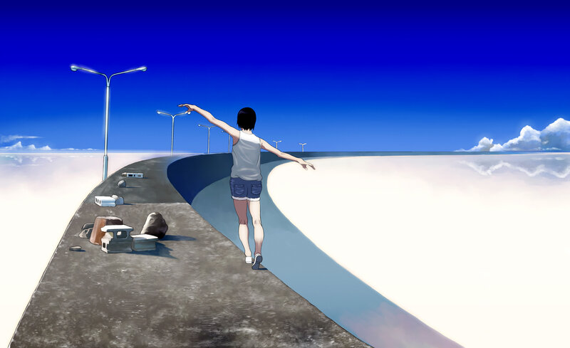 person walking on a road above clouds