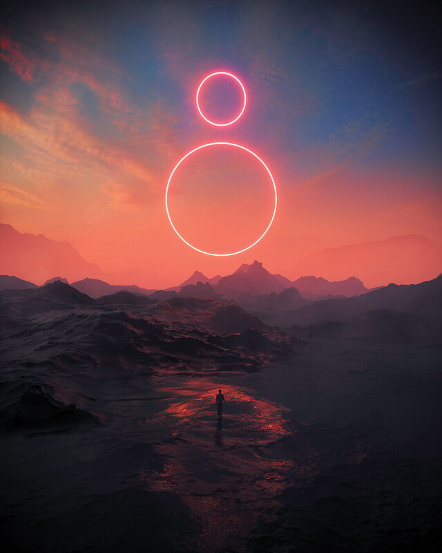 Person Walking on Alien Planet — Red