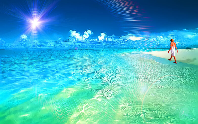 Person walking on beach at sunset