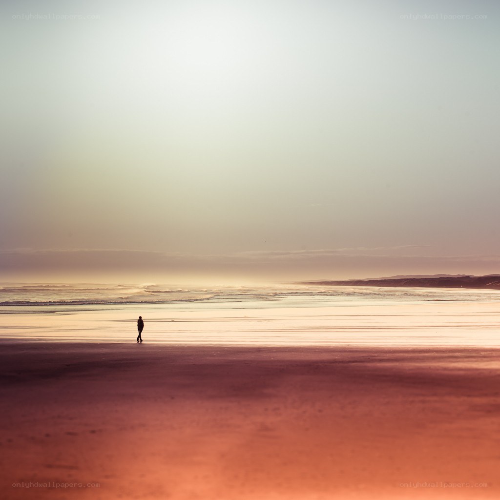 Person walking on beach at sunset