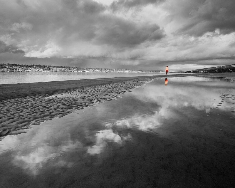 Person Walking on Beach — Black, Dramatic