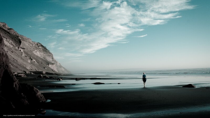 Person Walking on Beach — Blue, Serene, Afternoon, Photograph, Cliff, Ocean, Sky