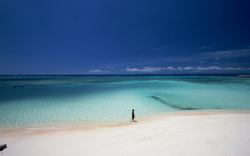 Person Walking on Beach — Blue, Serene, Afternoon, Photograph, Ocean, Sky