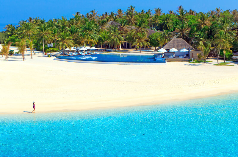 Person Walking on Beach — Blue, Serene, Afternoon, Photograph, Palm Trees
