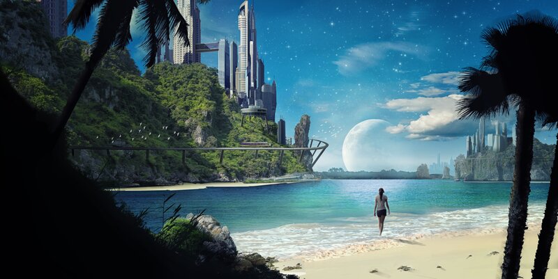 Person Walking on Beach — Blue, Serene, Night, Digital Art