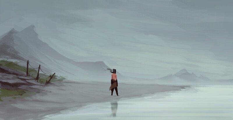 Person Walking on Beach — Gray