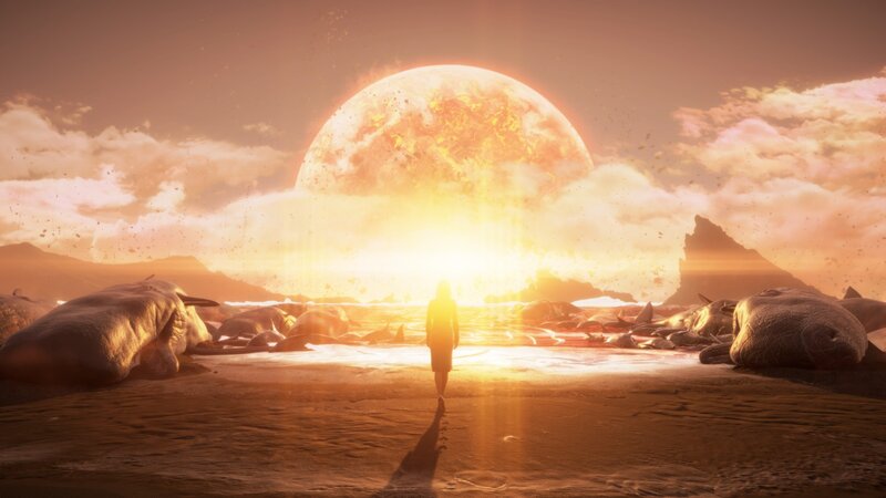 Person Walking on Beach — Orange, Dramatic, Sunset