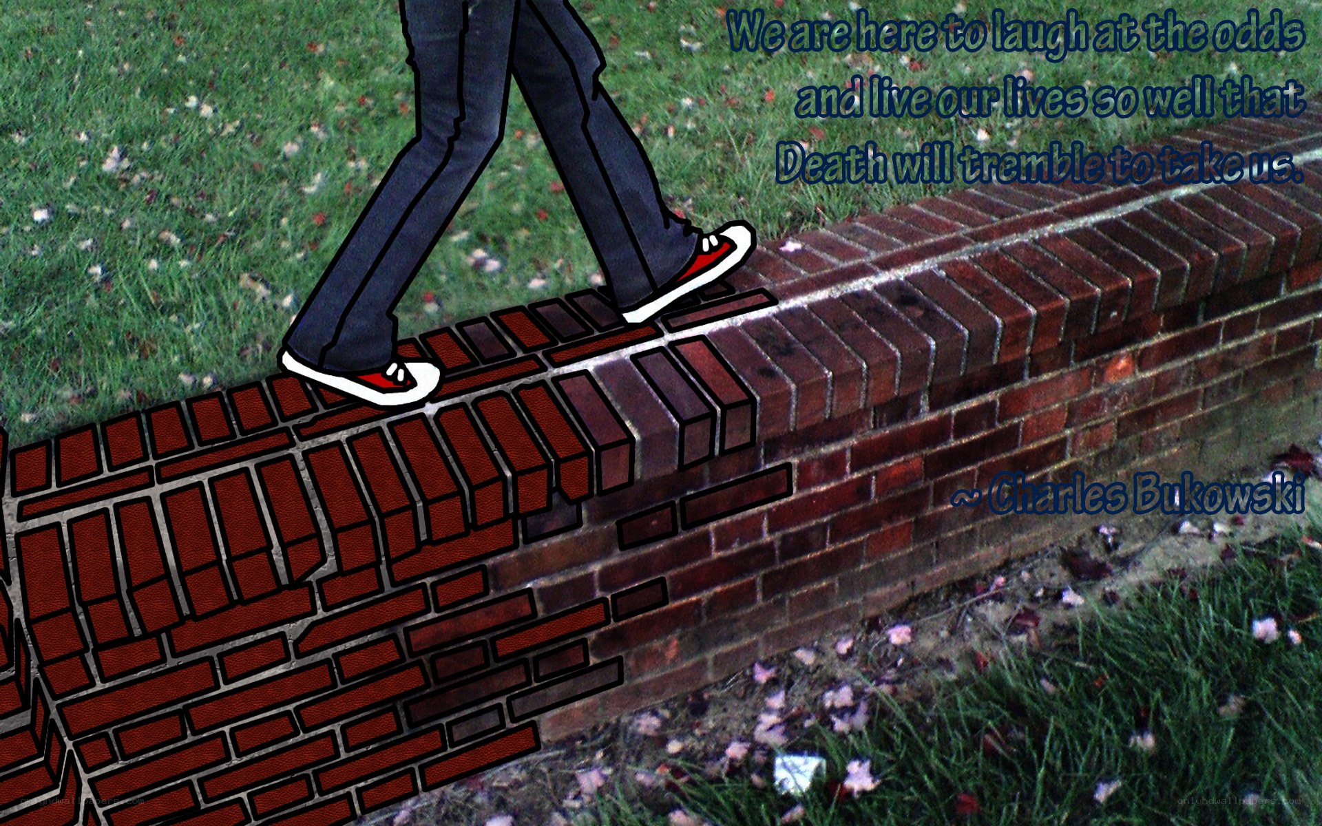 person walking on brick wall