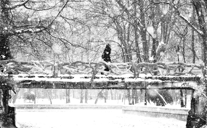 Person Walking on Bridge — Black, Cold