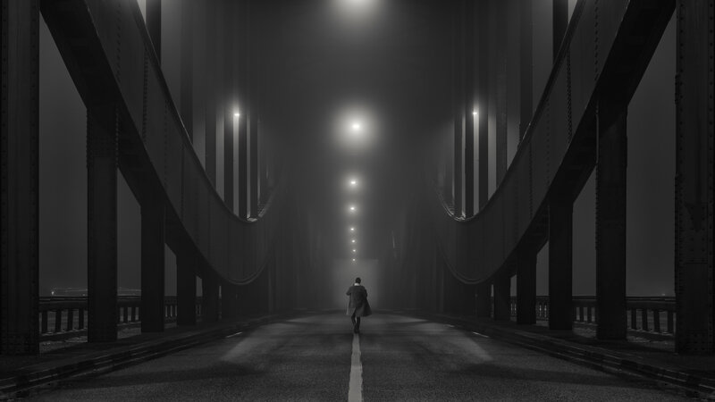 Person Walking on Bridge — Black, Dramatic, Night
