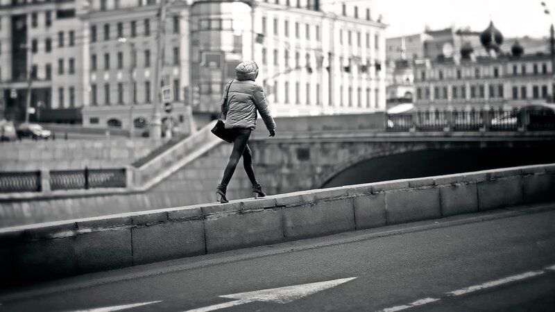 Person Walking on Bridge — Black, Dramatic