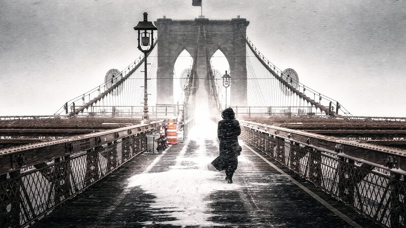 Person Walking on Bridge — Black, Dreary